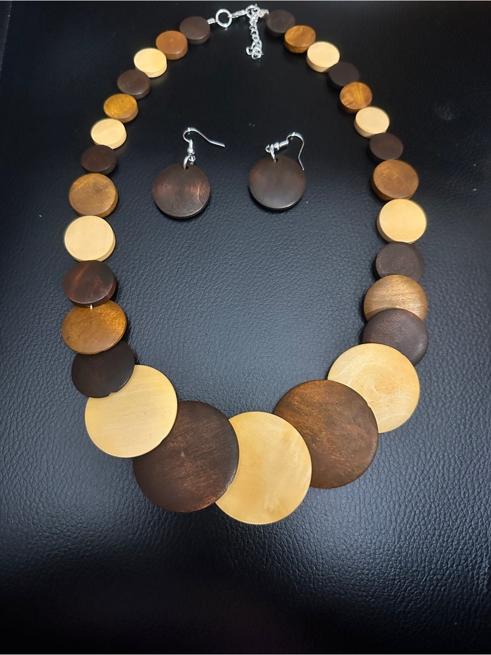 Wooden BoHo Disc Necklace & Earrings Set - Brown and Tan